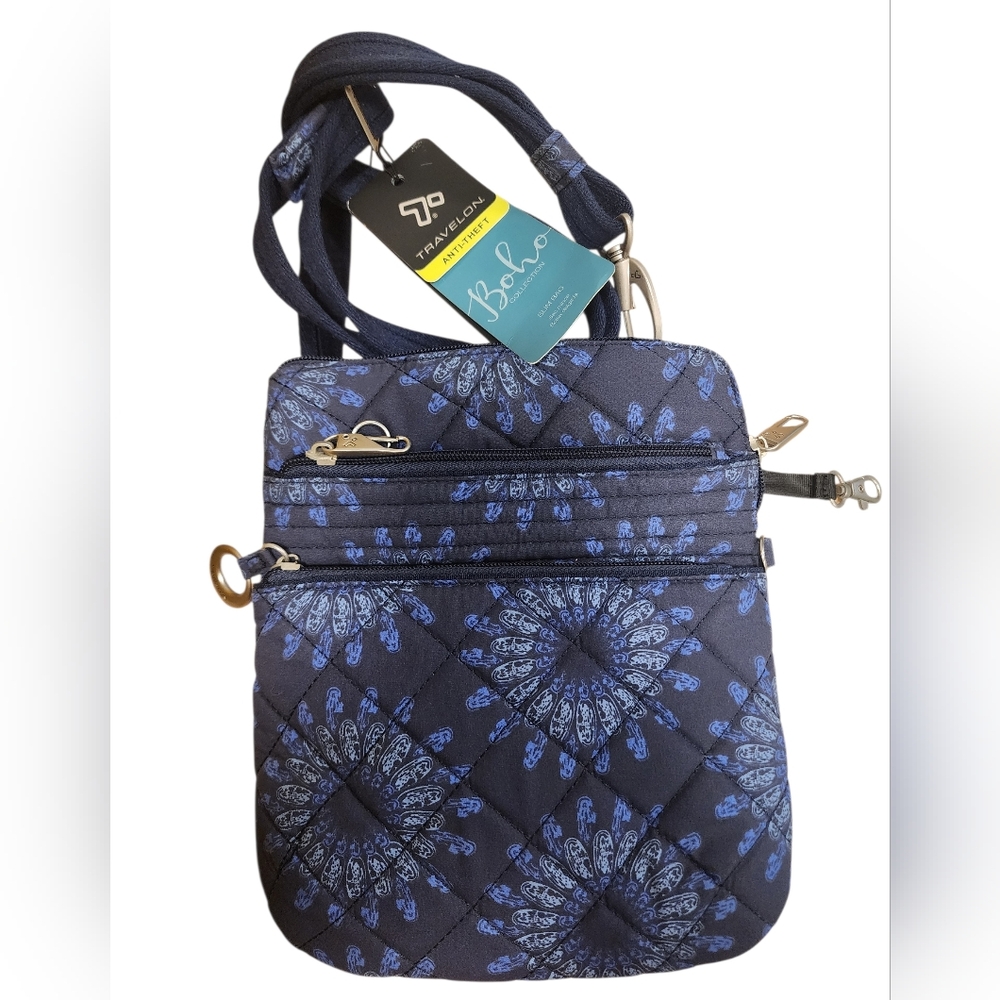 Travelon Navy Blue Quilted Crossbody Bag with Light Blue Pattern